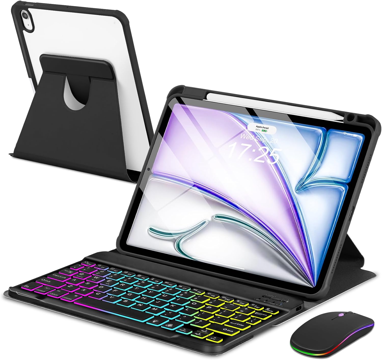 EAMPANG Case with Keyboard Mouse for iPad Air 11 inch M4 M3 M2/ Air 10.9 5th 4th Generation,Rainbow Backlit Detachable Keypad Rotatable Magnetic Cover with Pencil Holder for iPad Air 4 5 6 7 Gen Black