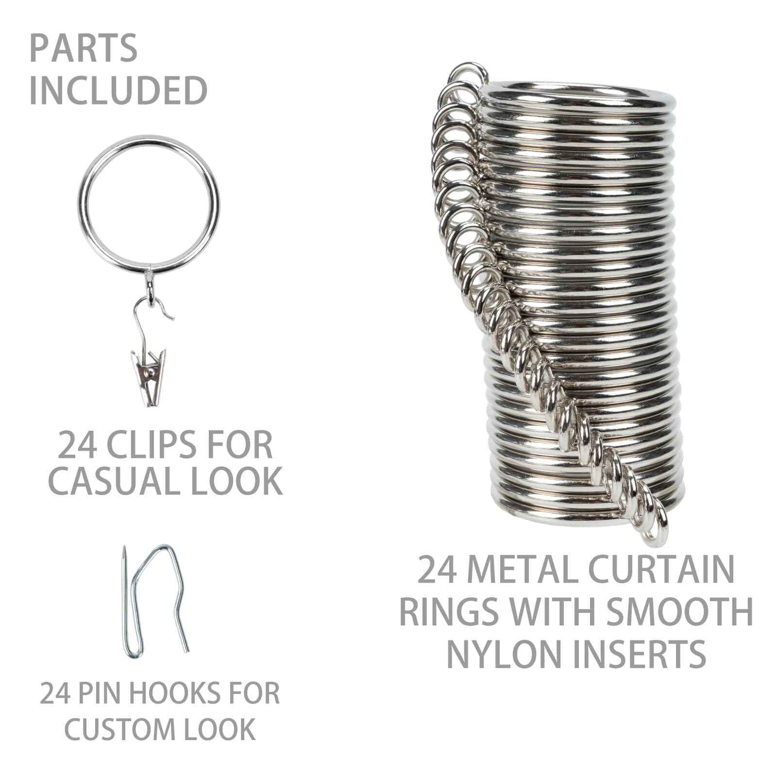 Curtain-Clip Rings with Hooks Drapery-Decorative - 1 Inch Inside Diameter Included Pin Hooks and Clips Designed to Effortlessly Hold Up 2 Standard Curtains 24Pcs Silver Exselens