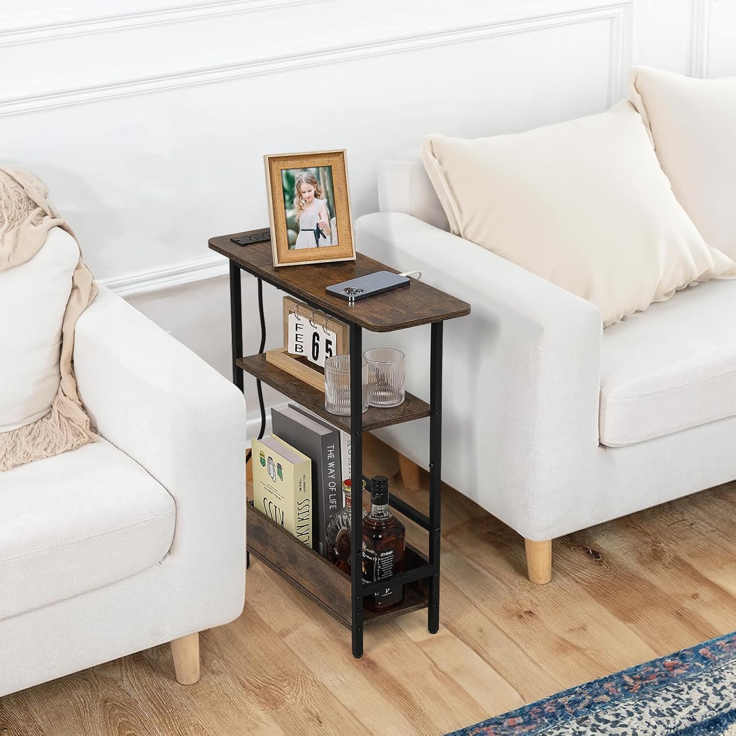 Narrow Side Table with USB-C Charging Station, 3-Tier Slim End Table with Magazine Holder, Modern Thin Side Table for Couch or Small Spaces, Skinny Nightstand for Living Room or Bedroom