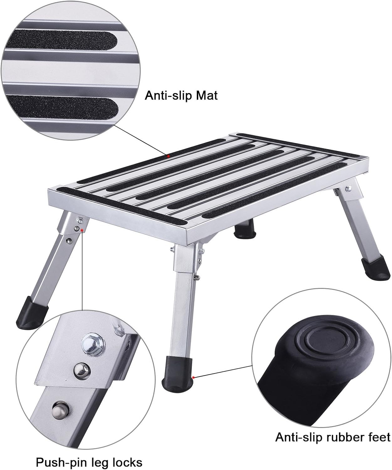 Wohl-H - Scaletta pieghevole in alluminio, 47 x 30 x 23 cm, 1 gradino, carico massimo 250 kg, piattaforma di lavoro, robusto, per bambini e anziani per entrare in roulotte, nel SUV o per la casa