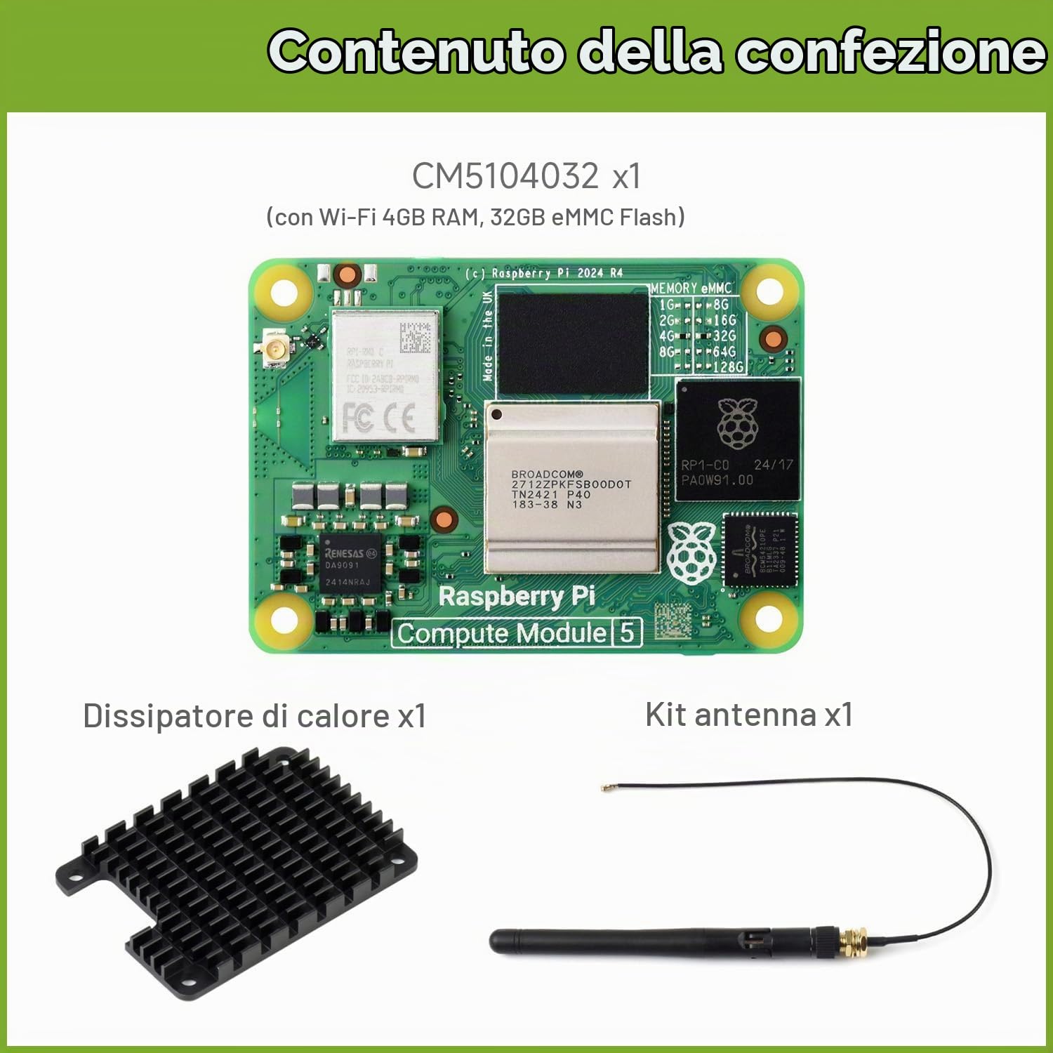 CM5 Waveshare Pi Compute Module 5 CM5104032 (WiFi, 4GB RAM, 32GB Flash eMMC), Raspberry Pi Computing Module Core Board, Include Antenna e Heatsink (3 Pezzi)