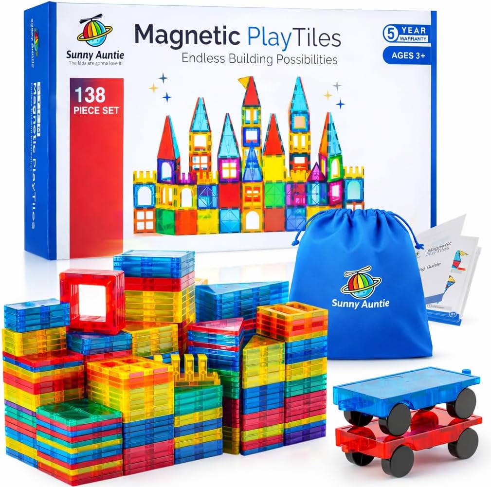 SUNNY AUNTIE Magnetic Tiles 138 PCS XL Set with Storage Bag – Magnetic Building Tiles for Kids Ages 3-8, STEM Magnet Construction Toy for Boys & Girls