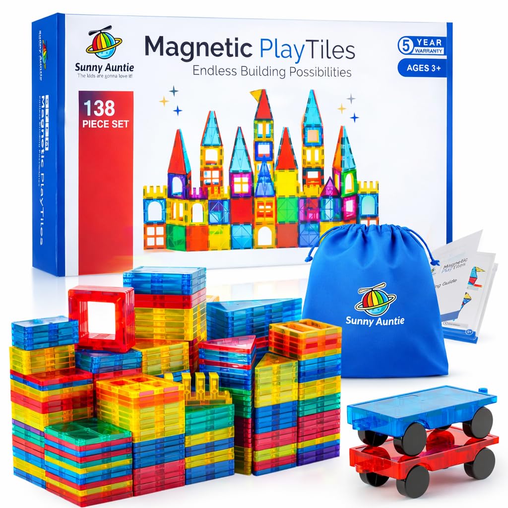 Sunny Auntie Magnetic Tiles 138 PCS, Magnetic Tiles for Kids & Toddlers, Toy for 3 4 5 6 7 8 Year Old Boys & Girls, Gift Box