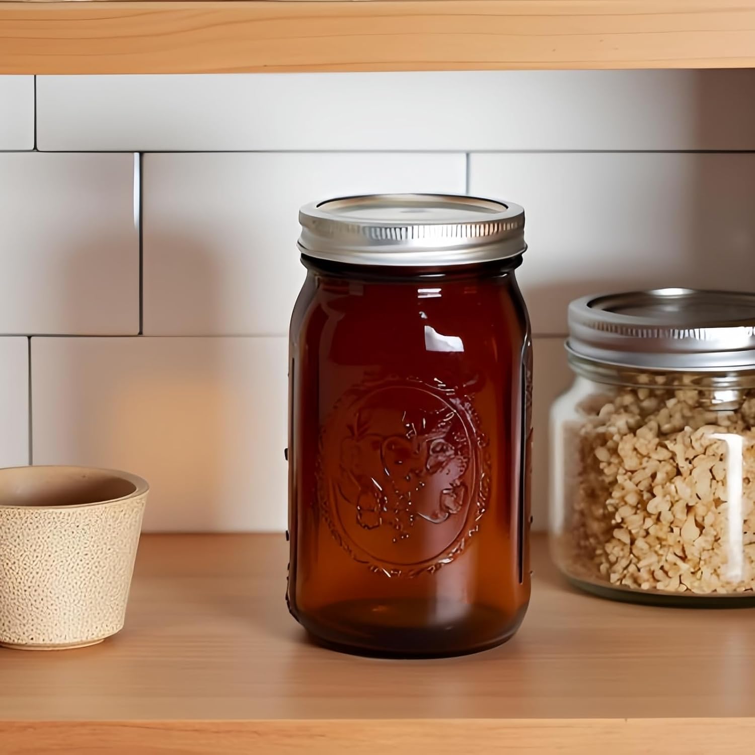 Amber Glass Mason Jars, 32oz Wide Mouth Jars 12 Pcs, Air Tight, Leak Resistant, Large Canning Jars, Quart Mason Jars for Canning, Storing Food, Spices, Meal Prep and Overnight Oats