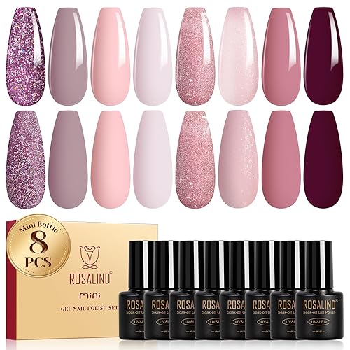 ROSALIND Pink Purple Gel Nail Polish Set, 8 Colors Pink