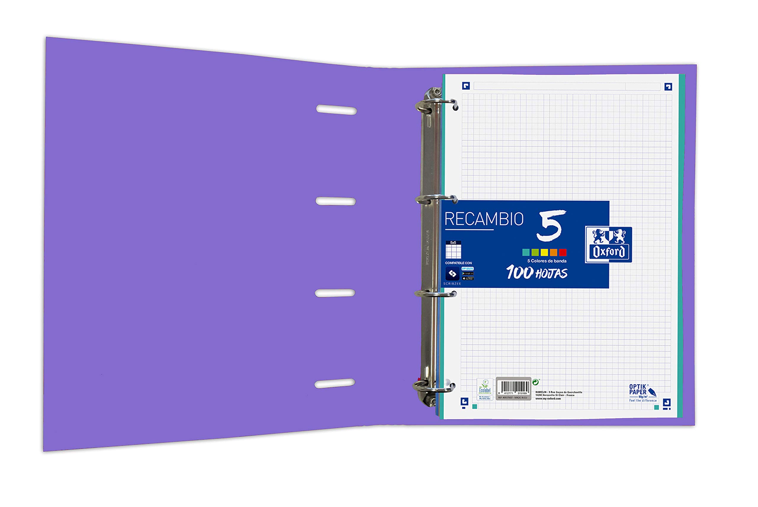 Classeur Oxford 4 Anneaux A4 Rigide - 80 Feuilles Quadrillées Incluses - Dos Ergonomique, Fermeture élastique - Bleu Marine