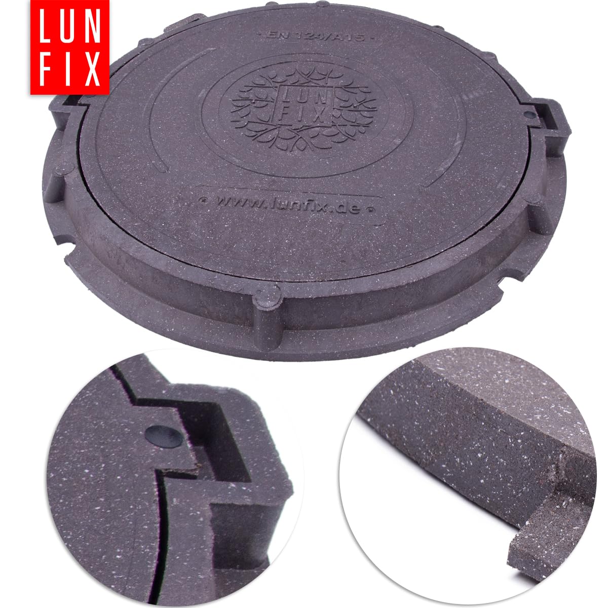 Chiusino pozzetto DN600 A15 grafite con telaio, copertura pozzetto giardino in polimero-sabbia e plastica, coperchio rotondo 600 mm resistente 1,5 t per drenaggio acqua, tappo canale, Lun Fix