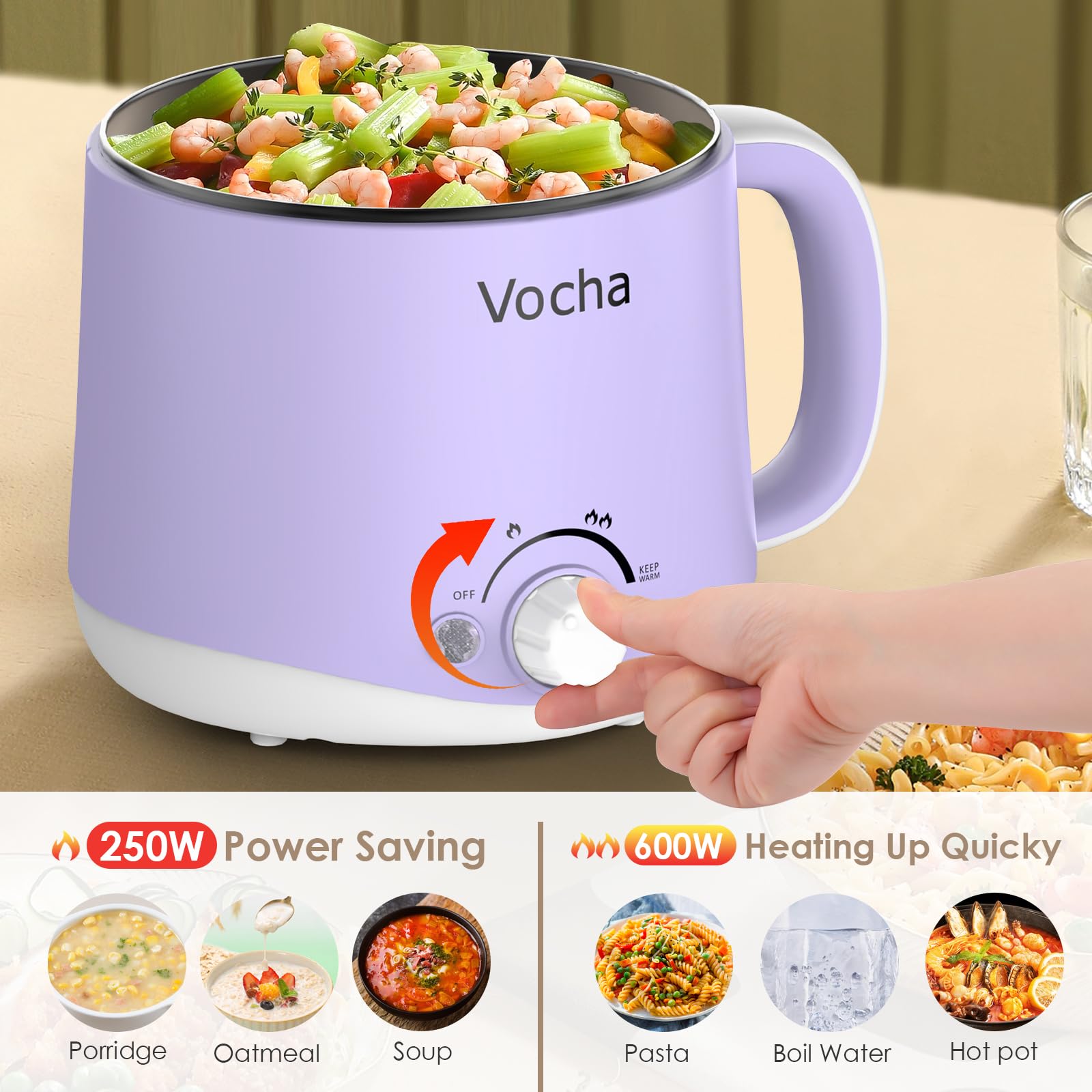 Vocha Pentola elettrica con funzione Keep Warm, padella elettrica antiaderente da 1,6 l, fornello da viaggio portatile, mini fornello multi-cottura per pasta tagliatelle, zuppe, uova sode(Viola)
