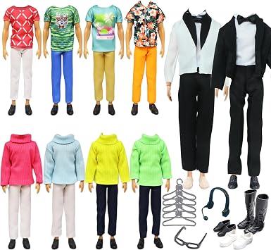 Doll Clothes Compatible with Ken Doll Clothes, Including 1 Suit Set, 1 Sweater Pant 3 Tops 3 Pants, 6 Pair Shoes 5 Hangers 1 Earphone 1 Glasses for Kids Boys Girls Party PlayRandom Style