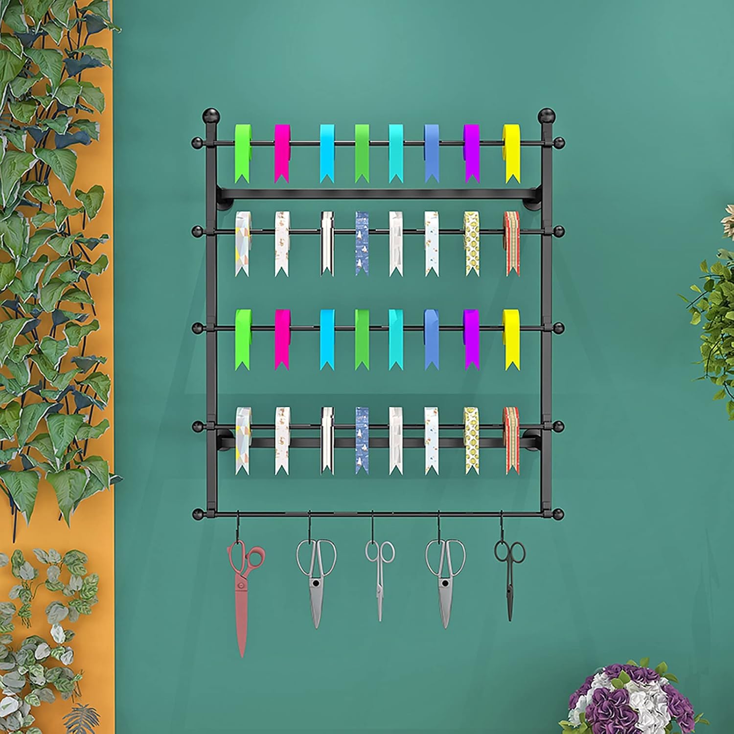 Wall Mounted Ribbon Rack Ribbon Storage Organizer, Wall Mounted Metal Scarf Rack Multicolor 70-100cm(Black,Length-100cm/39.3in)