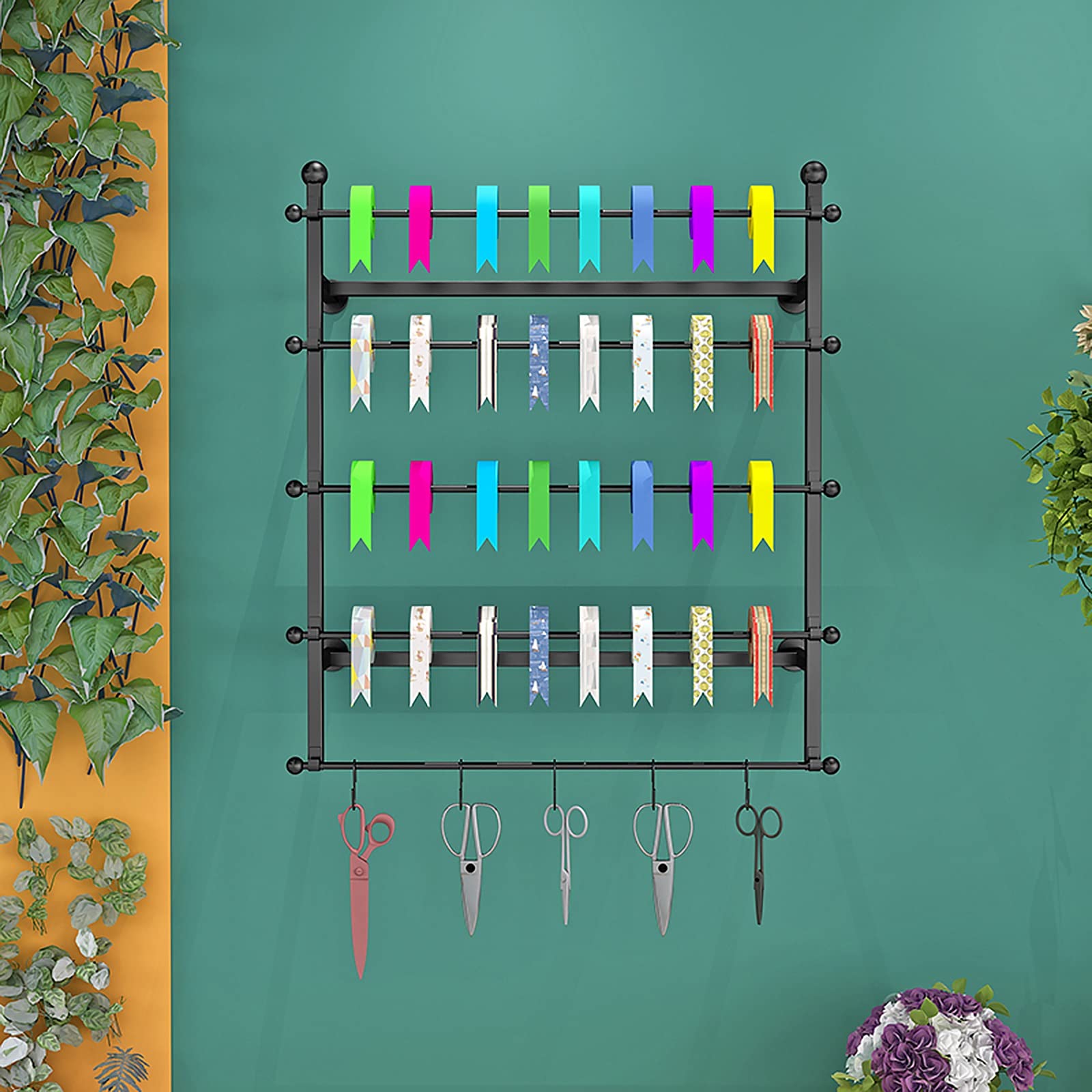 UWYTGF 80Cm/31.4In Tall Ribbon Storage Rack for Flower/Gift Store,Multi-Layer Metal Silk Scarf Holder with Removable Cross Bar,Wall Mounted,Black,Length,70Cm/27.5In