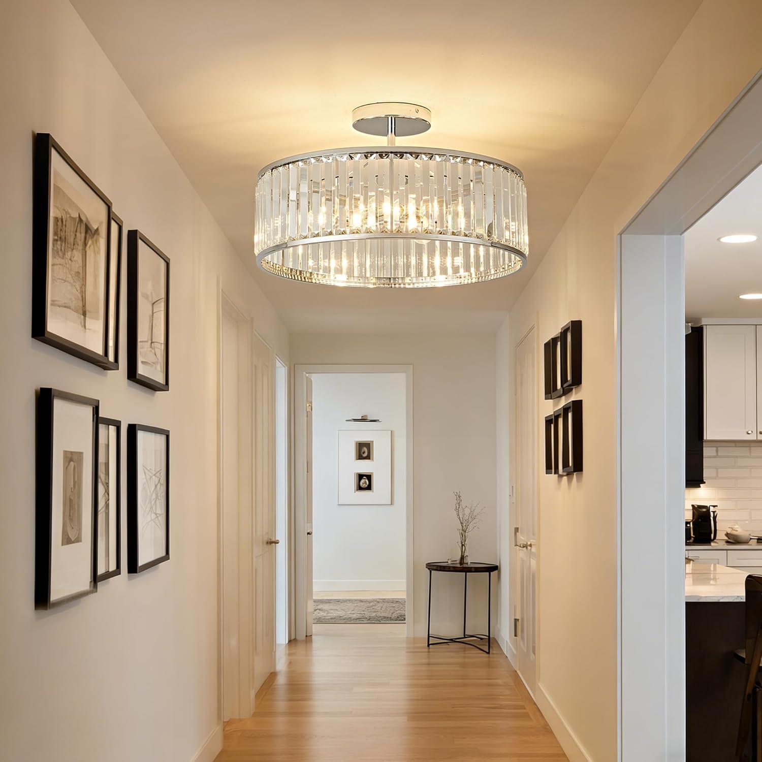 OKELI 19.7 Modern Crystal Chandeliers Semi Flush Mount Ceiling Light, Large Round Crystal Chandelier Ceiling Lights Fixture for Hallway Bedroom Living Room E12*6,Brush Nickel