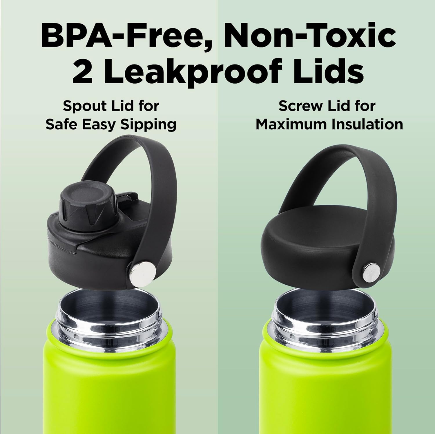 ThermoProof Double-Walled Vacuum Insulated Stainless Steel Water Bottle - Wide Mouth with Chug & Spout Lids, Dishwasher Safe, Reusable, Leakproof, Hot & Cold for Men, Women & Kids - 22oz, Fresh Mint