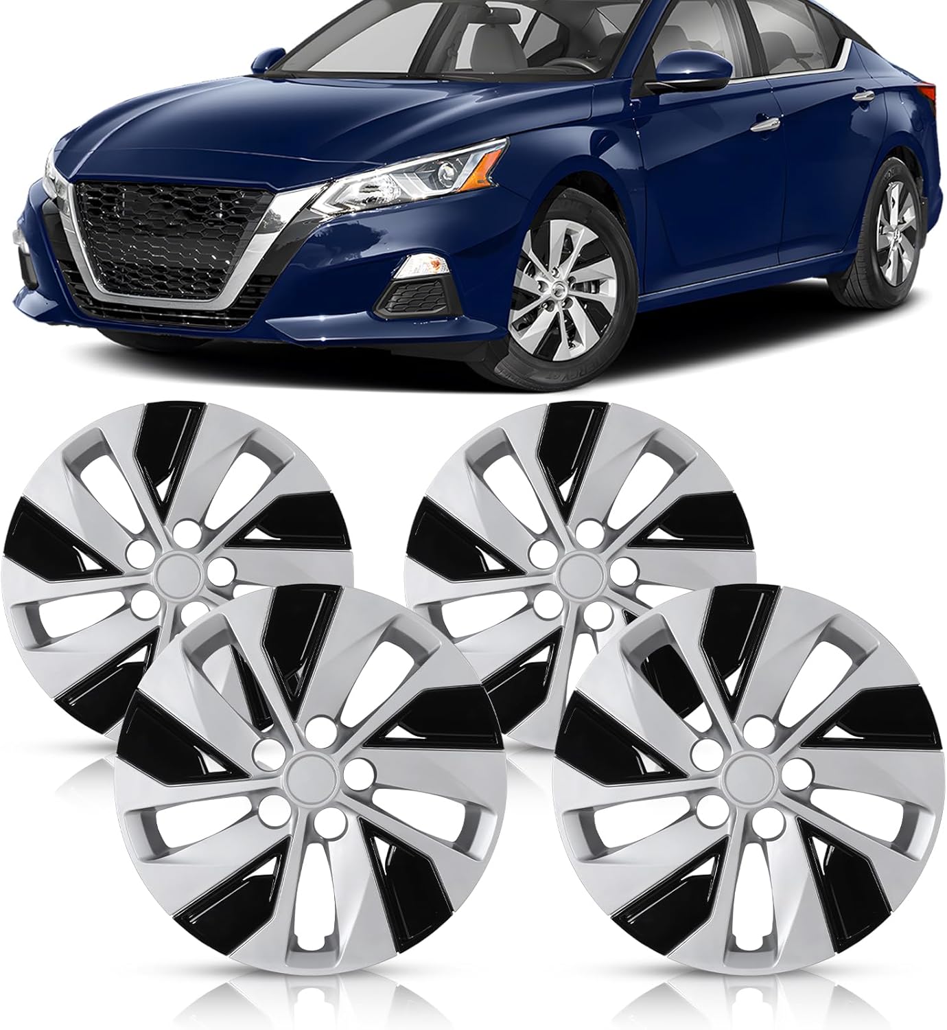WolfX 16 Inch Hubcaps Set of 4 Wheel Rim Cover for Nissan Altima 2019-2025 (Only Fit for Steel Hub) PP Material Wheel Rim Hub Cap Replacement, Silver Lacquer & Black Lacquer