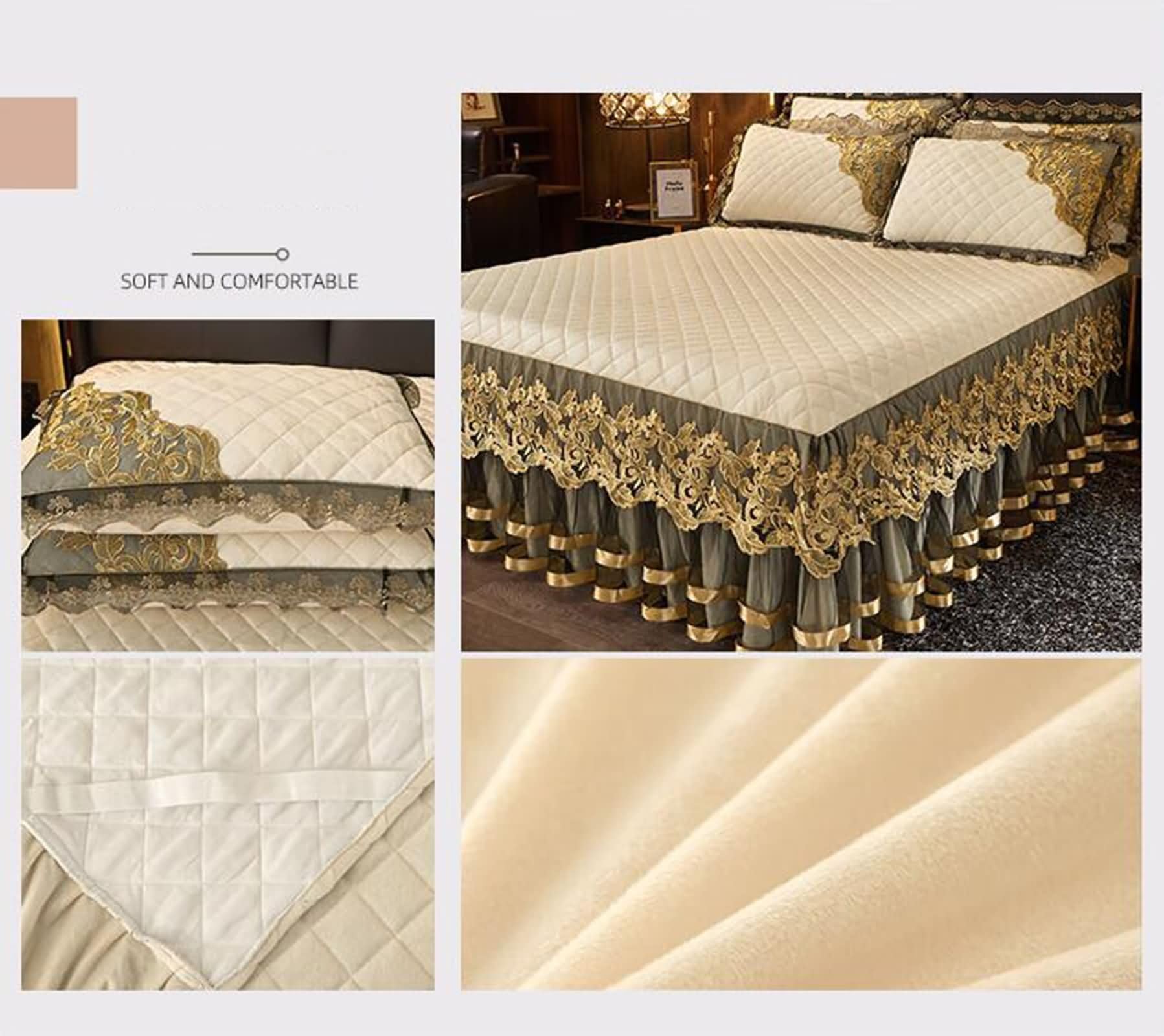Drap Housse en Polyester avec Élastique, Motif de Dentelle Brodée avec Couleur Unie, 180 x 220 CM, Beige Jaune