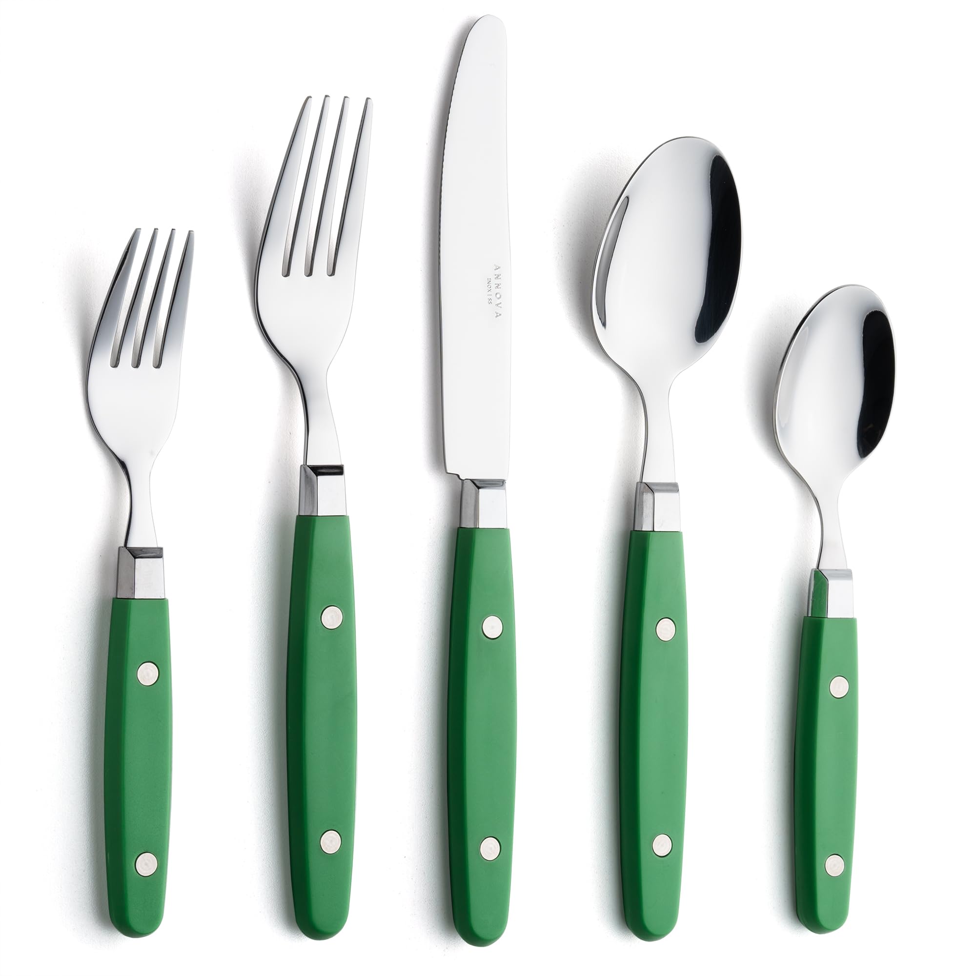 Annova Cutlery Set 20 Pieces Stainless Steel Color Handle with Rivet/Retro Style (Green25, 20 Pieces)