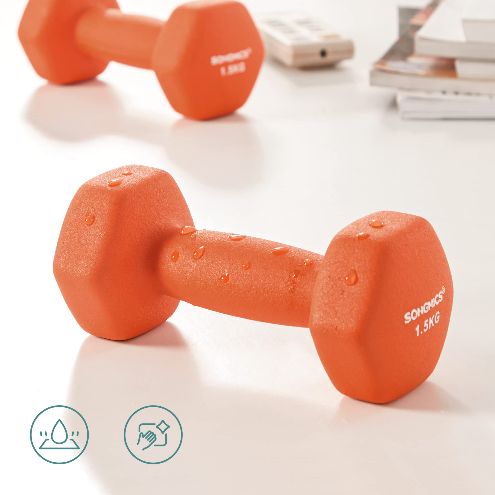SONGMICS Hantle krótkie, zestaw 4 sztuk, w tym 1 kg, 2 z czego 1,5 kg, trening siłowy, do domu, biura, studia fitness, pomarańczowe i żółte SYL622YL