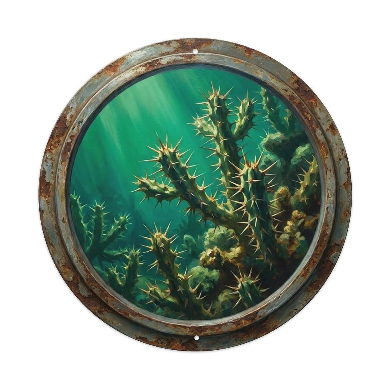 Vintage Porthole Cactus Coral Spiky Ship Window Under Deep Metal Tin Sign