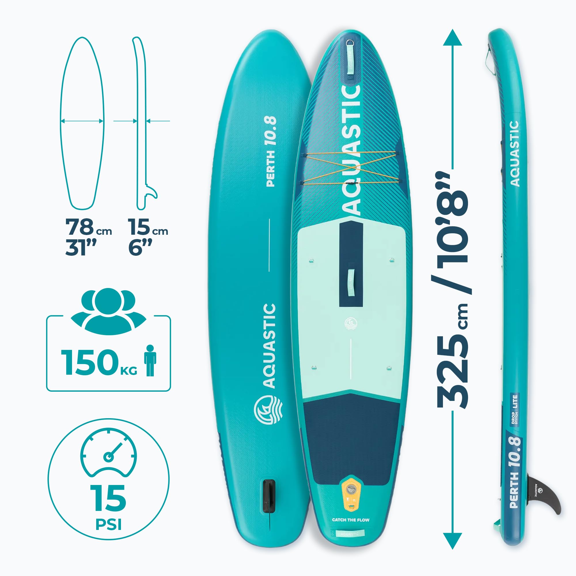AQUASTIC Perth 10'8" Sup Board Set – Juego Completo con Remo, Asiento de Kayak, Correa de 300 cm, Bomba, Mochila, Drop Stitch Lite, Estable y Resistente, para Principiantes y avanzados