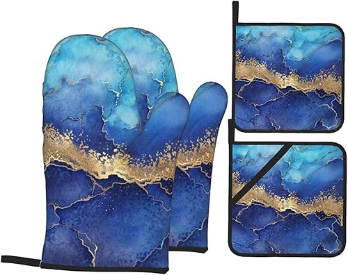 Juego de 4 manoplas de horno y soportes para ollas con fondo de mármol azul, con textura de mármol, guantes de horno y agarradera, adecuados para