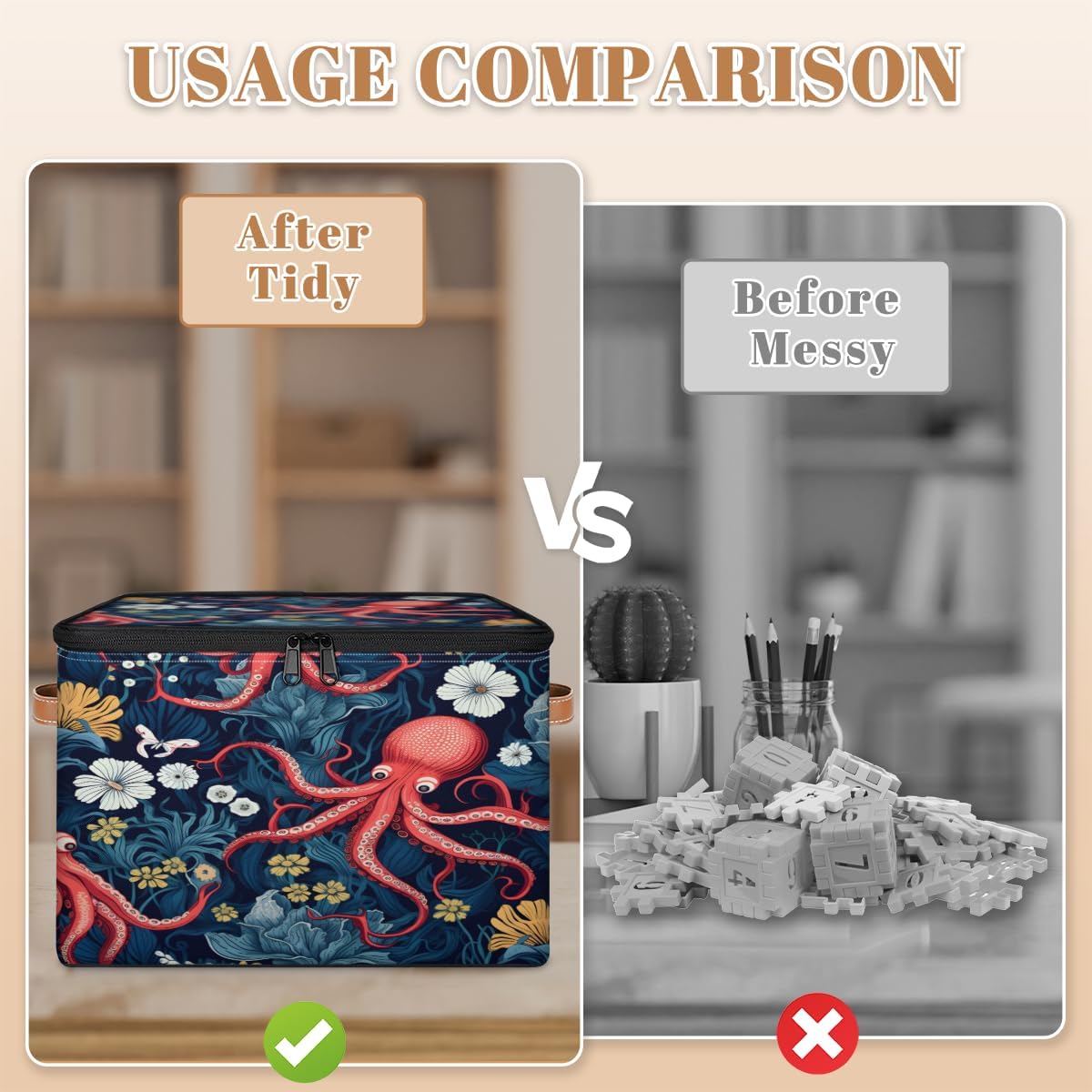 Storage Bin Set of 2 Flower Octopus Storage Basket with Zipper Lid & Handle Foldable Closet Shelf 2 Pack Cloth Organizer Basket Cube Bins Clothes Organizer for Nursery, Bedroom