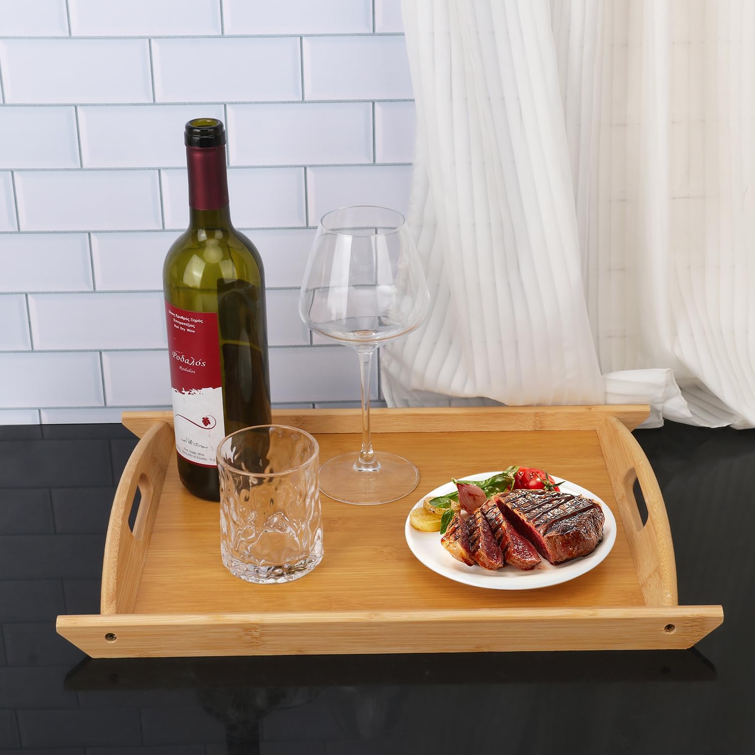 4 Pack 17.3 Inch Large Bamboo Serving Tray with Handle, Decorative Bamboo Breakfast Tray for Breakfast, Kitchen, Outdoor Picnic, Snack (17.3 x 12 x 1.2 Inch) - Image 6