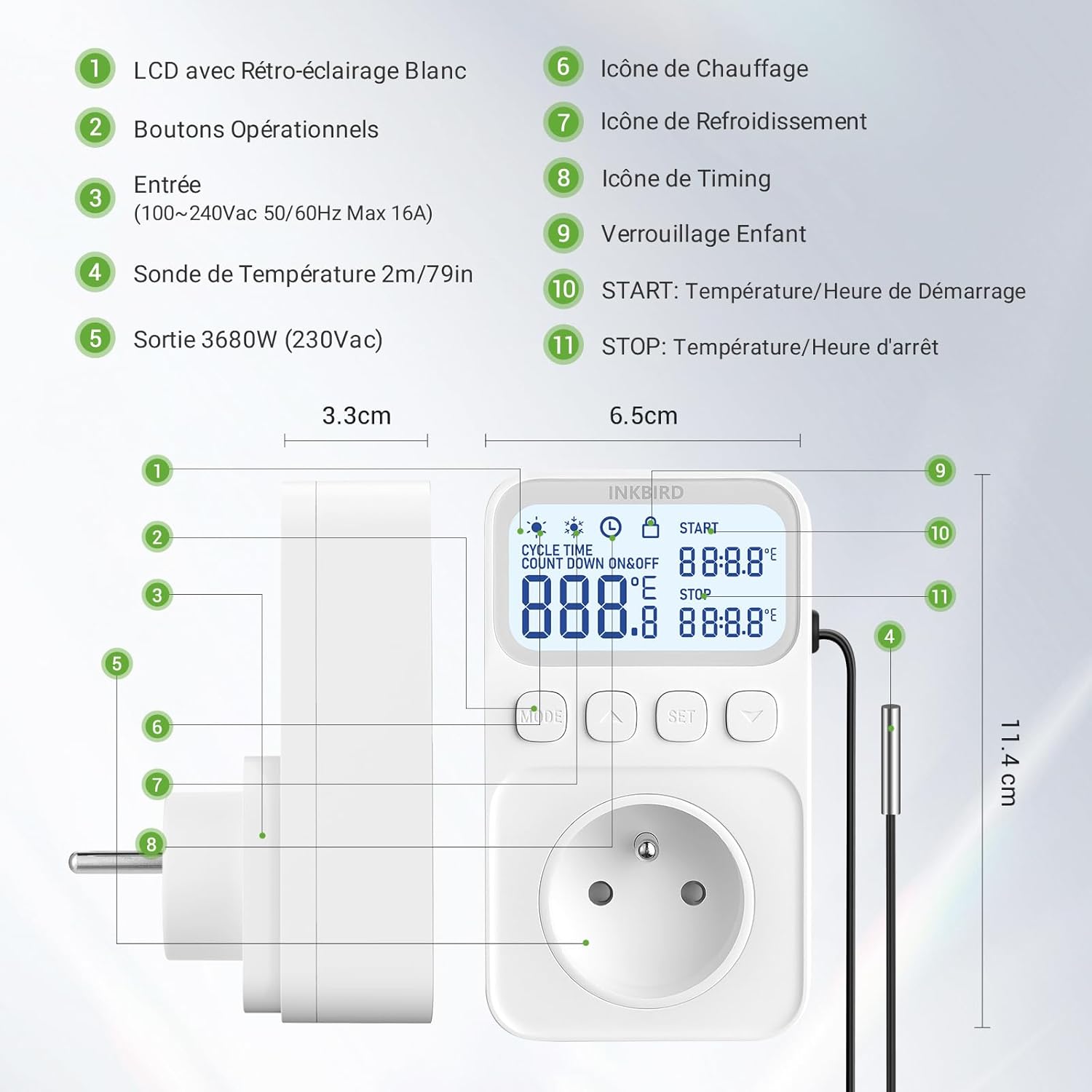 Diagram of Inkbird C226T thermostat with labeled parts and dimensions.