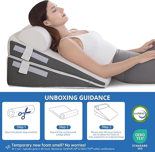 Miniatura 6 de GOHOME Almohada de cuña de cama con parte superior de espuma viscoelástica de enfriamiento extraíble, almohada triangular de bambú 3 en 1 para