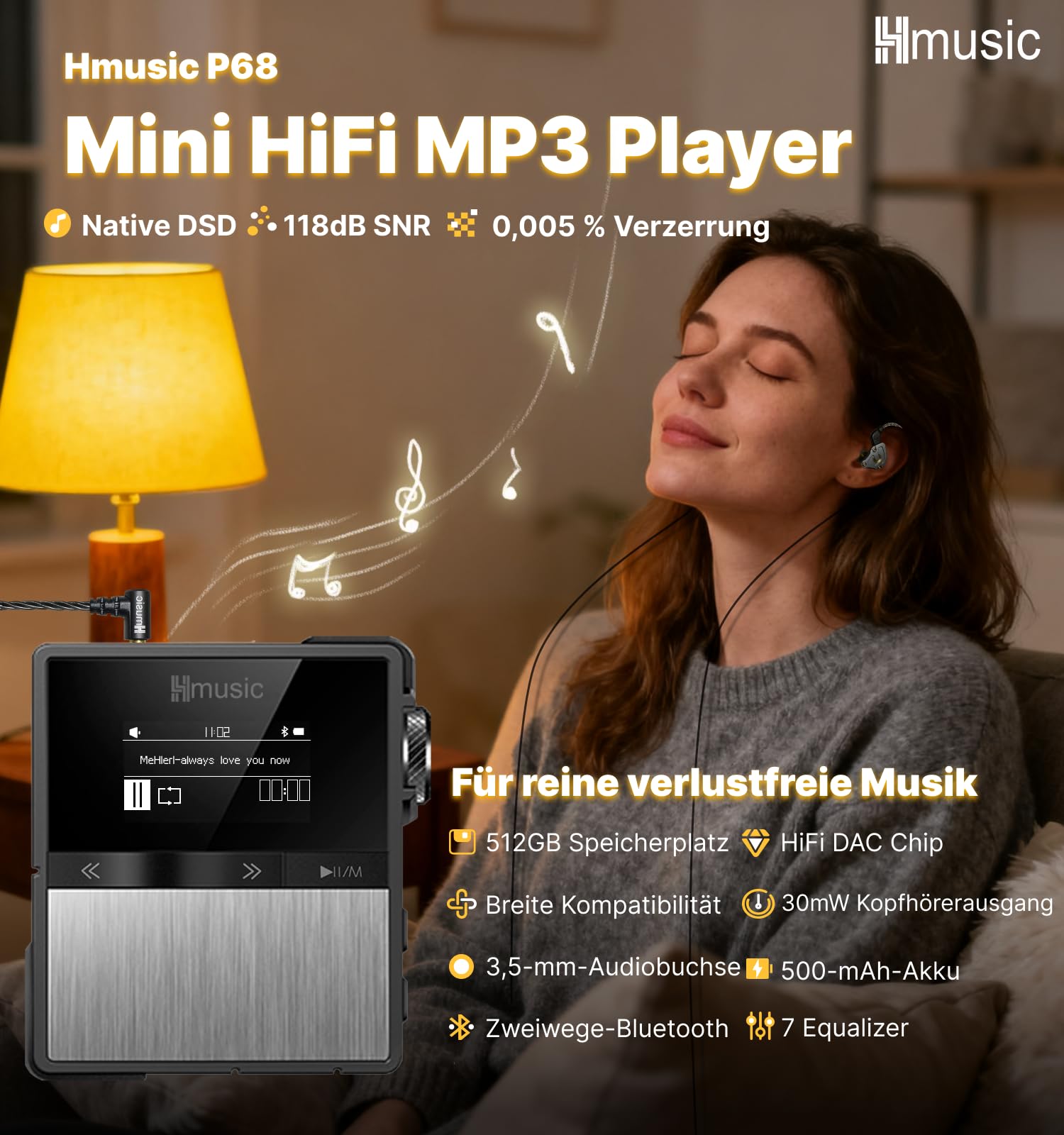 Hmusic P68 HiFi-MP3-Player mit Clip, verlustfreier DSD-Musik-Player | Hoher Auflösung, Bluetooth, tragbarer Hi-Res-Audio-Player mit 16 GB Speicherkarte, unterstützt bis zu 128GB HiFi-Musik-Player
