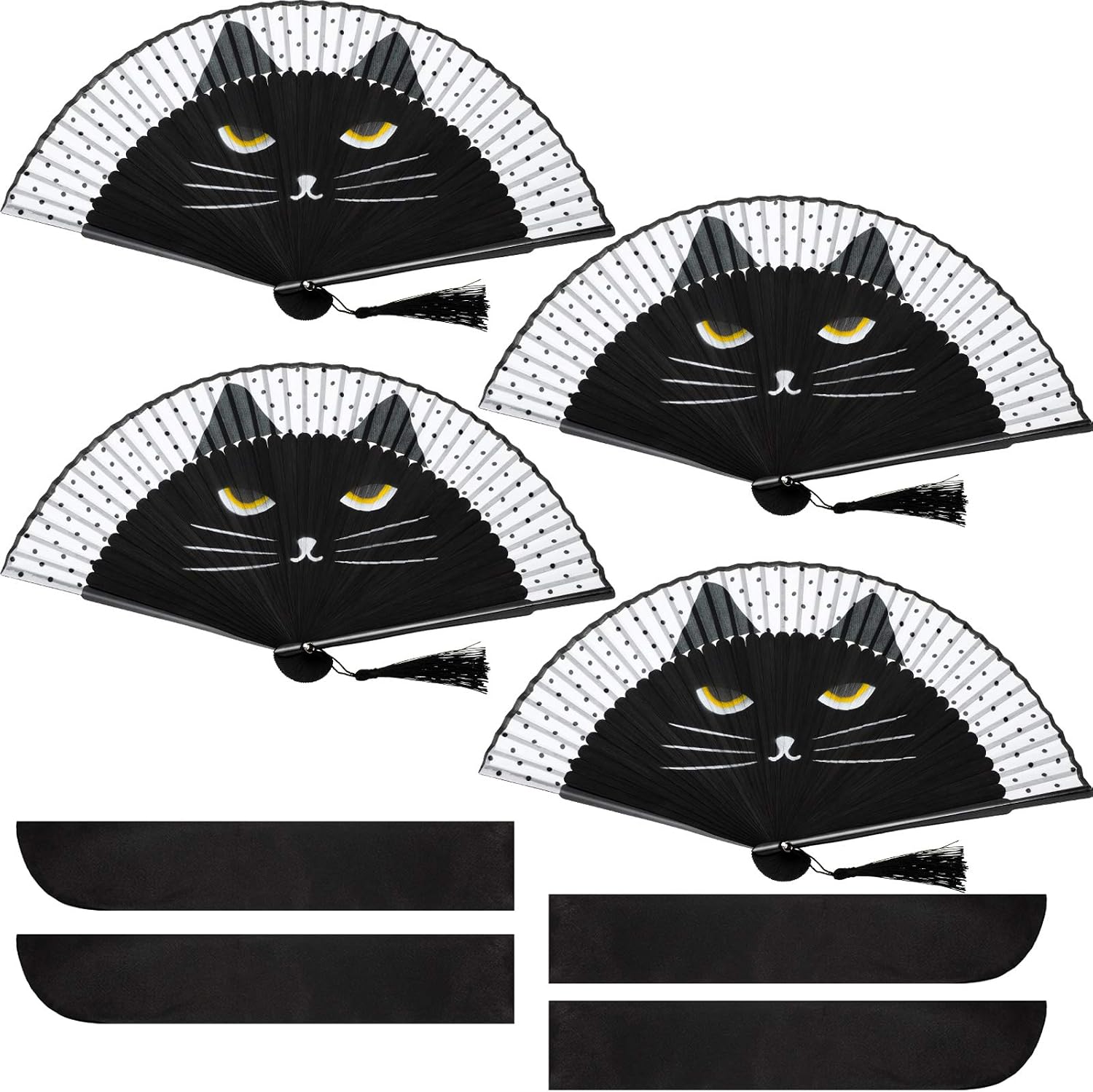 2 Pieces Cartoon Cat Hand Fans Folding Hand Held Fan Women Black Cat Silk Foldable Fan with Store Bag for Wedding Dancing Party Church Gifts Home Decoration(4)