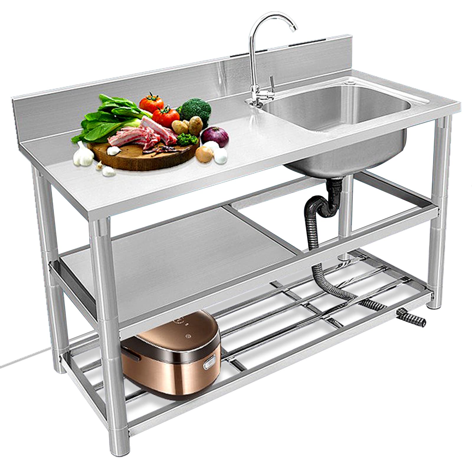 YNIYUJKL Stainless Steel Workstation Sink Sink Freestanding Commercial Kitchen Prep Utility Sink Basin W/Workbench And Storage Shelves,Left Drainboard-100X50X80cm/