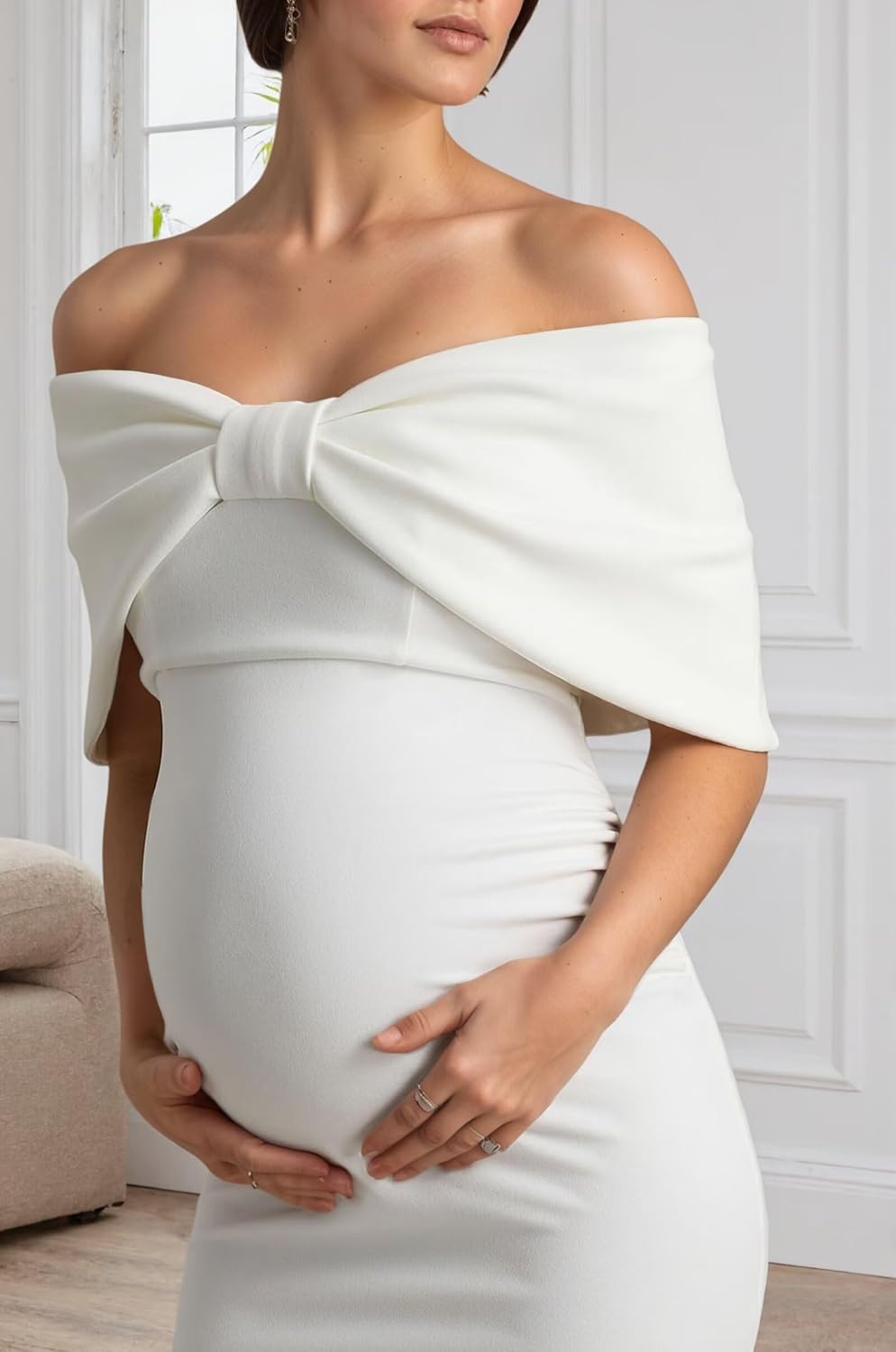 Off Shoulder Satin Maternity Dresses for Baby Shower 2026 Tea Length Sheath Pregnancy Gowns for Photoshoot with Bow