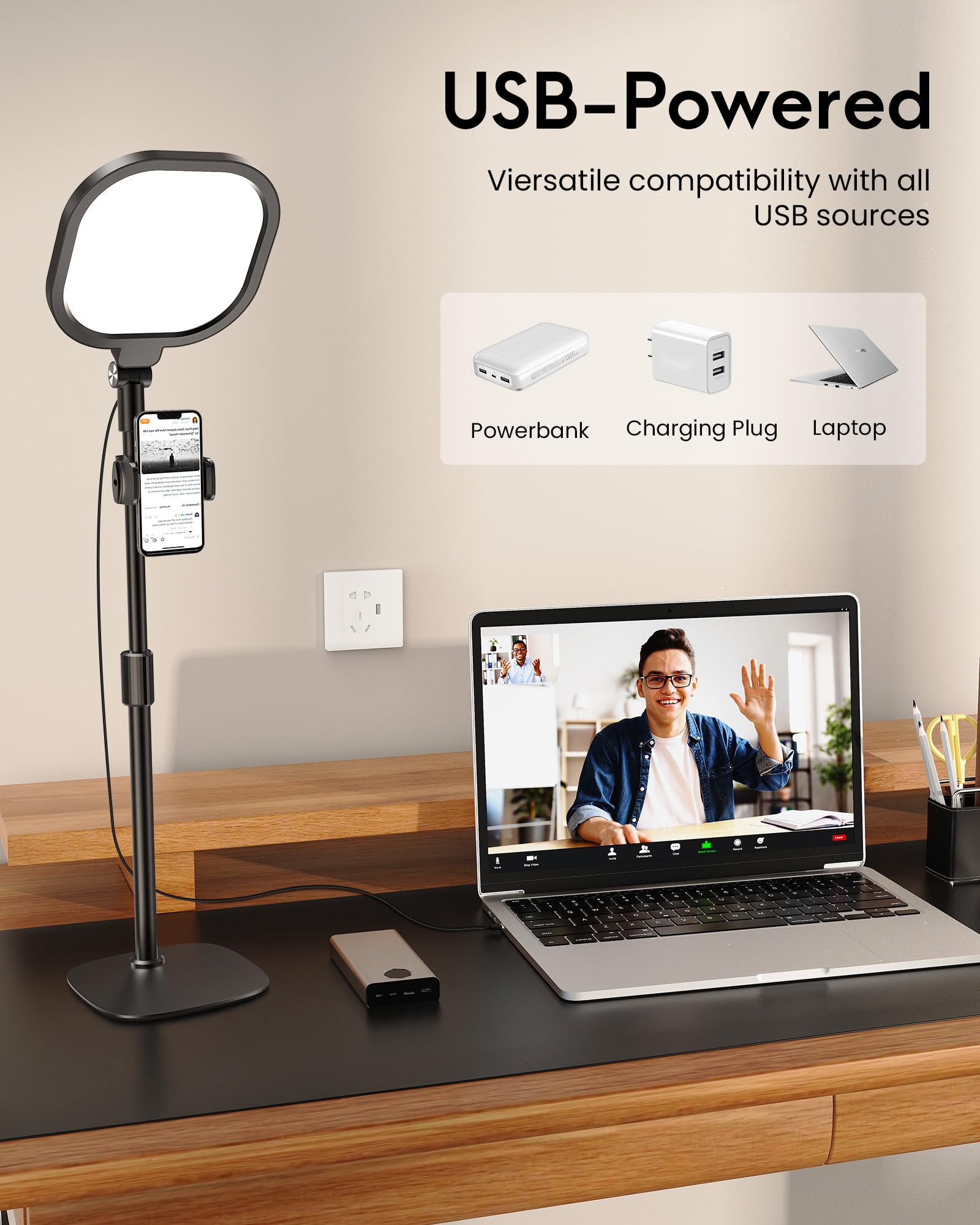 Lampa pierścieniowa na biurko ze stojakiem, lampa pierścieniowa z uchwytem na telefon, ściemniana lampa do laptopa do połączeń wideo, streamingu, kamery internetowej, makijażu, spotkań Zoom