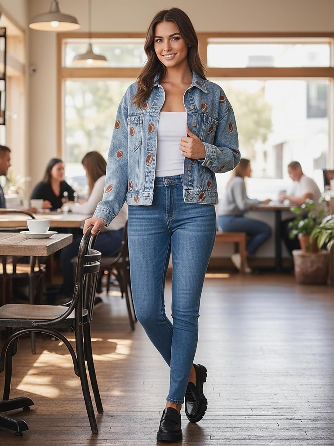 Womens Football Denim Jacket Fall Cropped Embroidery Button Down Rugby Jean Jackets Vintage Shacket with Pockets - Image 6