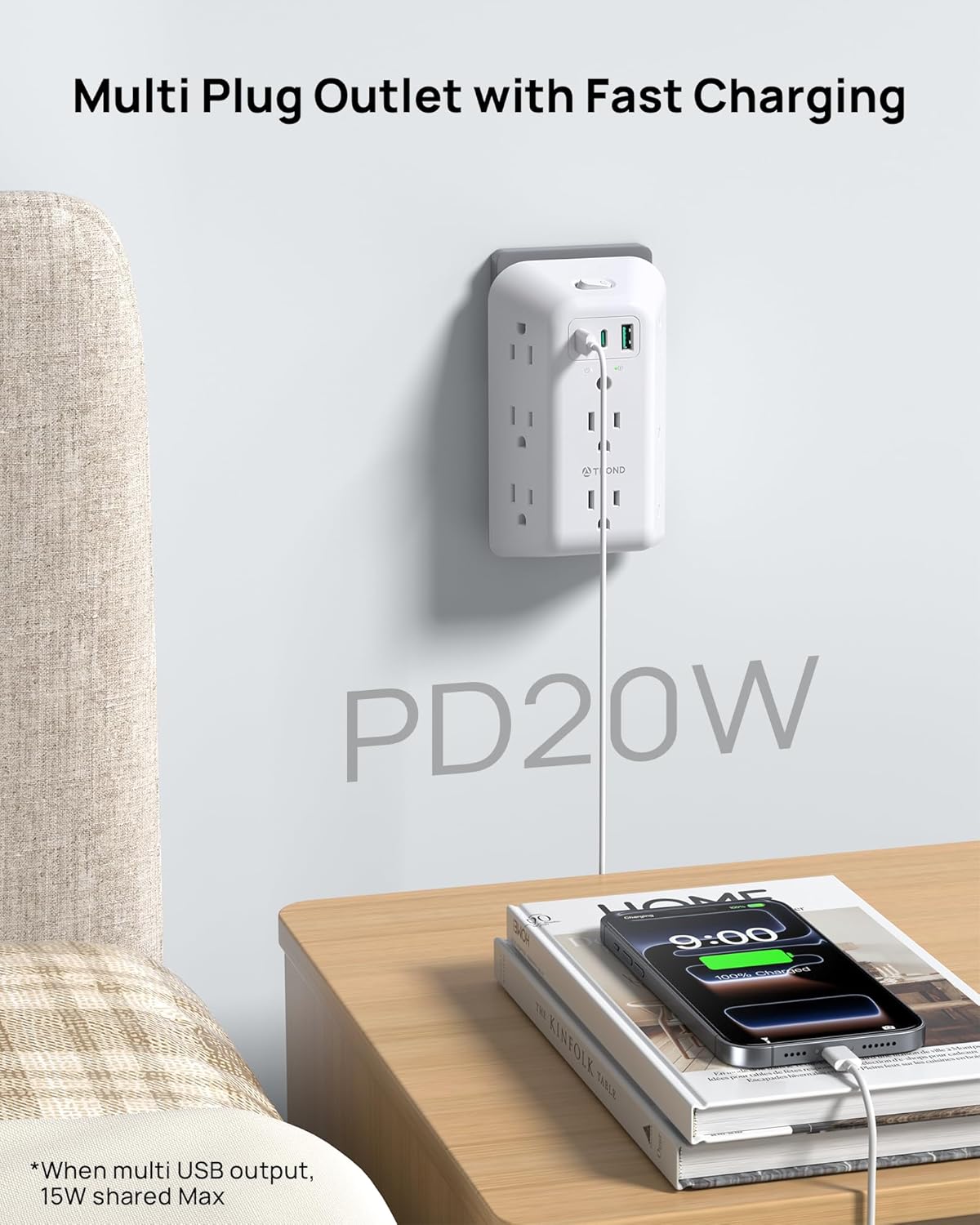 TROND Multi Plug Outlet Surge Protector, 8 AC Plug Extender with 2 PD20W USB C Charger, 3 Sided Wide Space Outlet Splitter with On Off Switch, USB Wall Charger for Kitchen Office Room Dorm Essentials