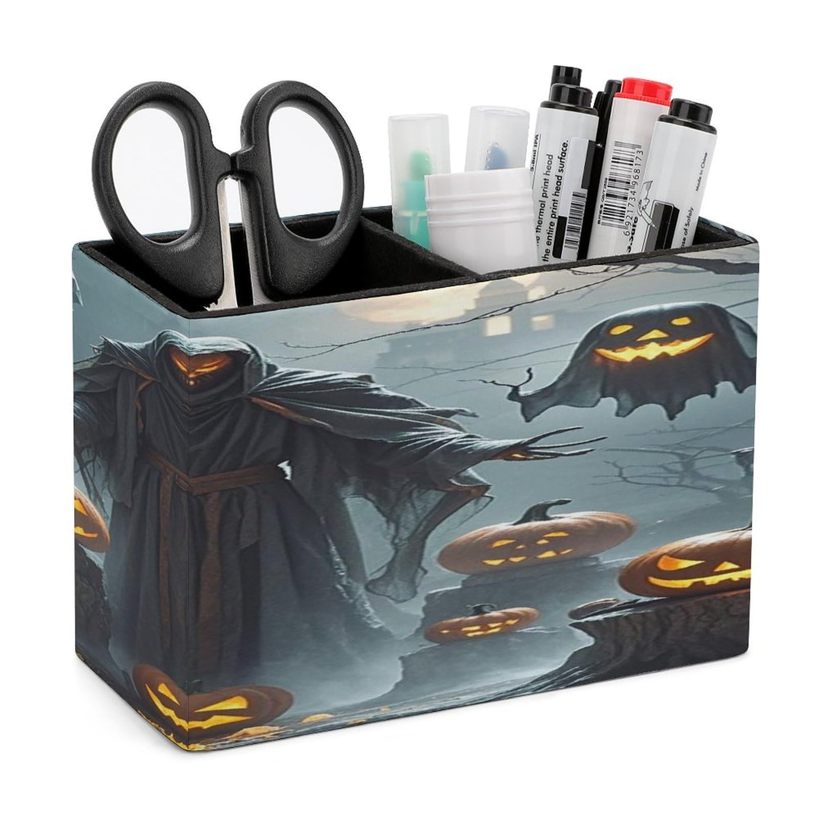 FekiLoot Grim Reaper Pen Holders for Desk Small Remote Control Holder Leather Pencil Cup with Double Compartments Desktop Organizer for Table Desk Office Space Saving