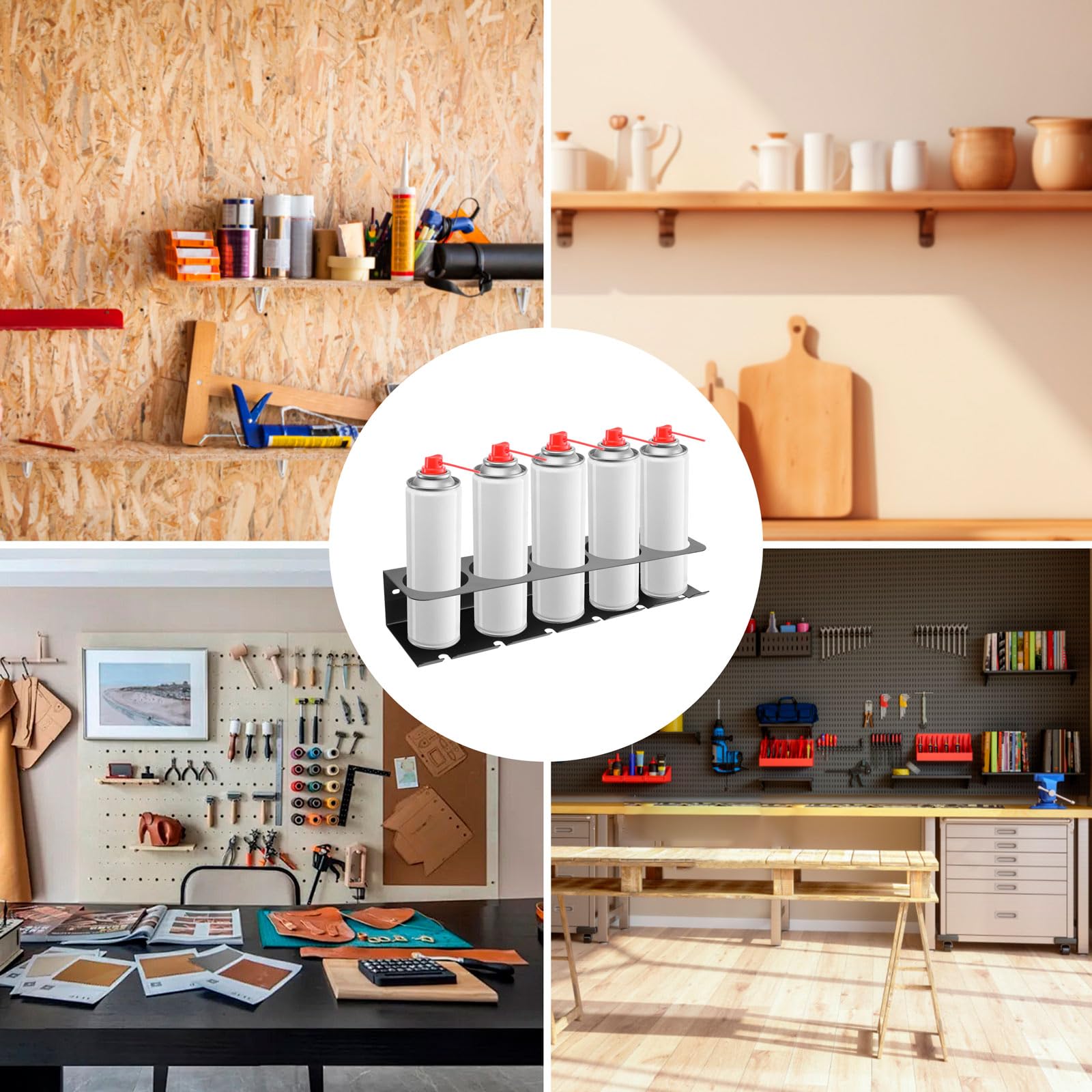 2 soportes para botellas de spray de pared, organizador de latas de aerosol con 5 agujeros y 6 ranuras, organizador de herramientas eléctricas con diseño de ahorro de espacio, estante de