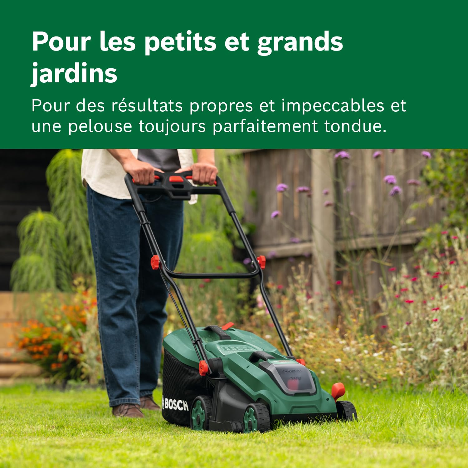 Bosch Tondeuse à Gazon sans-Fil ROTAK18V-34 (Largeur de Coupe: 34 cm, Hauteur de Coupe: 25-65 mm, Sac de ramassage en Tissu 35 l, Accessoire de Mulching, Batterie et Chargeur)