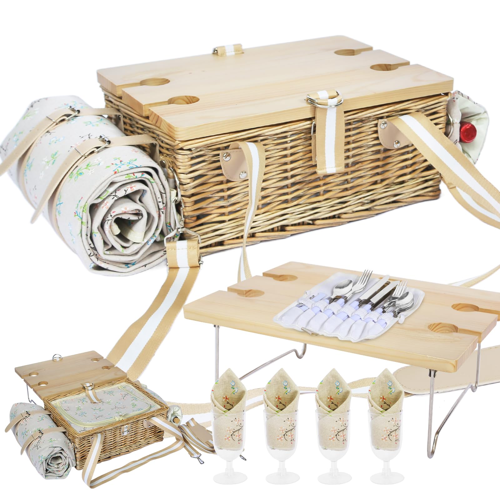Picknickkorb-Set mit Klapptisch und Besteck-Set, Picknickkorb für 4 Personen mit kühltaschen, Flechtkorb mit Henkel, Weidenkorb Geschenkset für Picknick Camping Outdoor Party