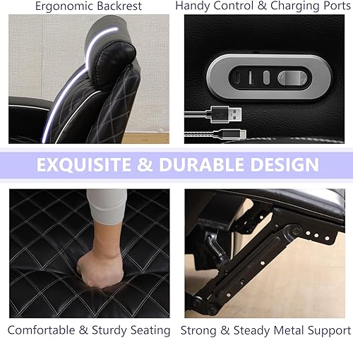 Miniatura 7 de Juego de sofá reclinable eléctrico, juego de sofá reclinable de cine en casa, sofá biplaza reclinable de cuero transpirable con Debut negro,Negro