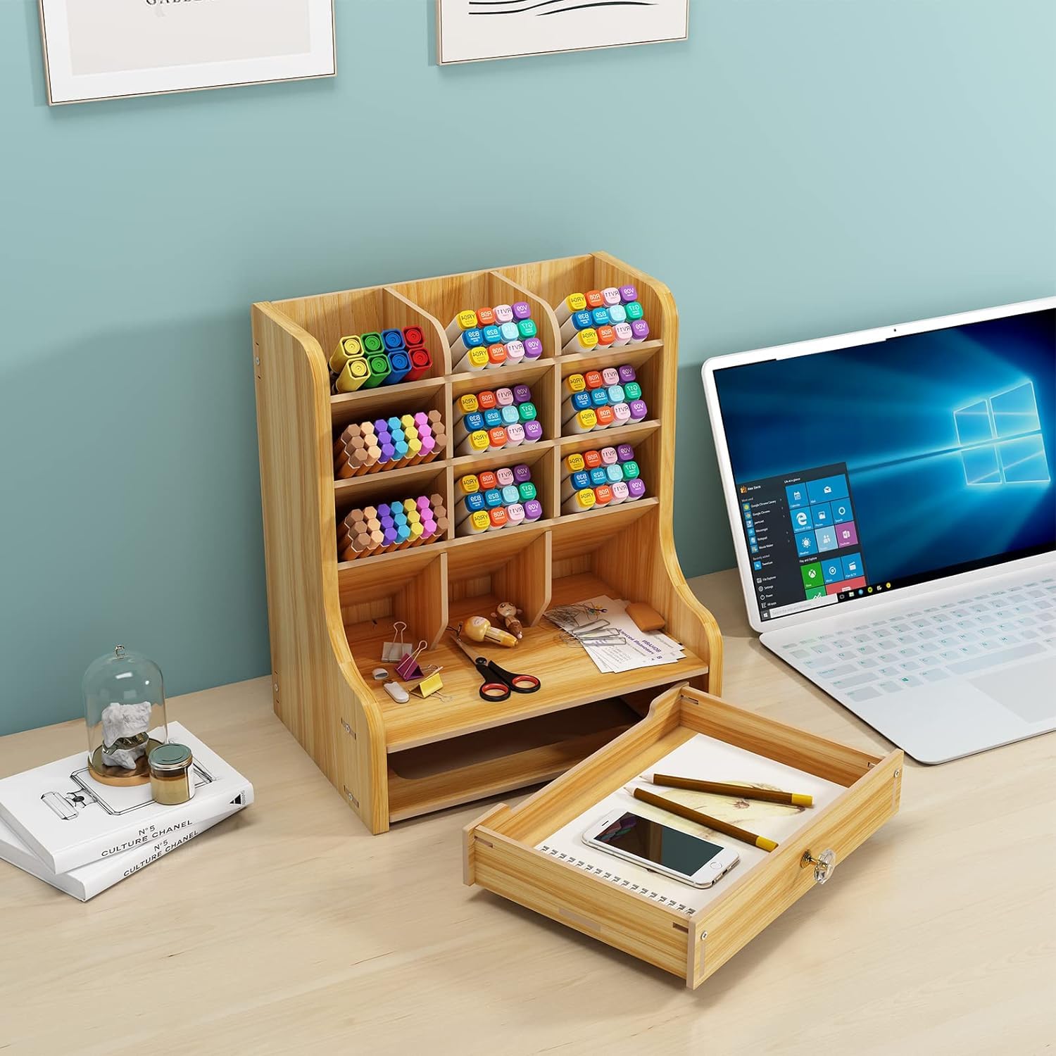 Organizer Da Scrivania In Legno - Portapenne, Libreria E Portadocumenti Con Cassetti, 39x29x28 Cm - Foto 11