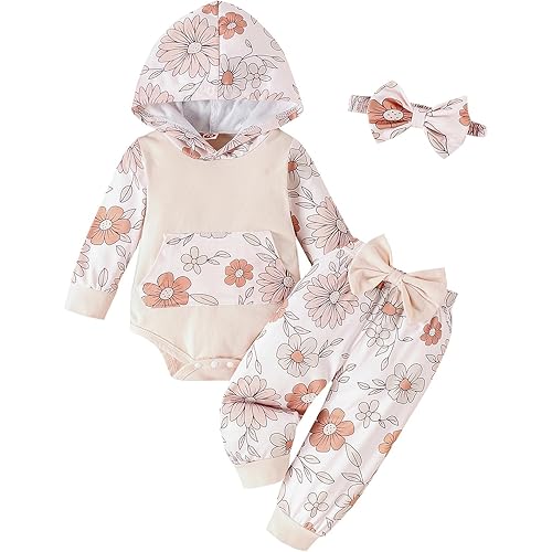 Newborn Infant Baby Girl Clothes 0-3-6-9-12-18 Months Outfits Sets Hoodie Romper + Pants + Bow Headband for Girls