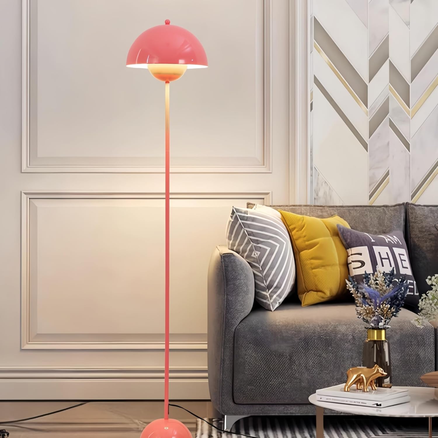 Alpinaluz SHAROM lampa stojąca w kolorze różowej stali, klasyczny styl skandynawski, paraboliczny klosz, idealna do salonu i jadalni, oprawka E27