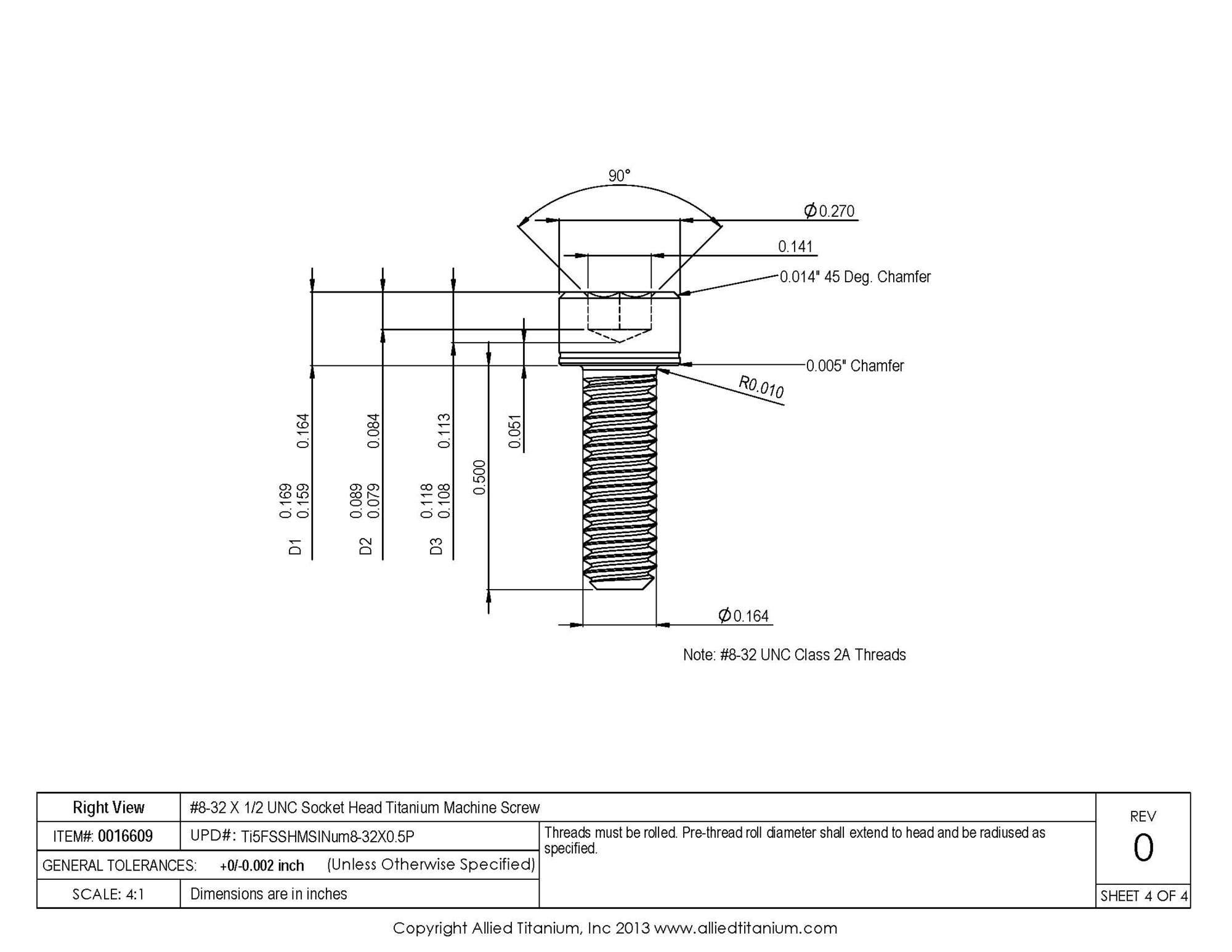 Allied Titanium 0016609, (Pack of 10) #8-32 X 1/2 UNC Socket Head  