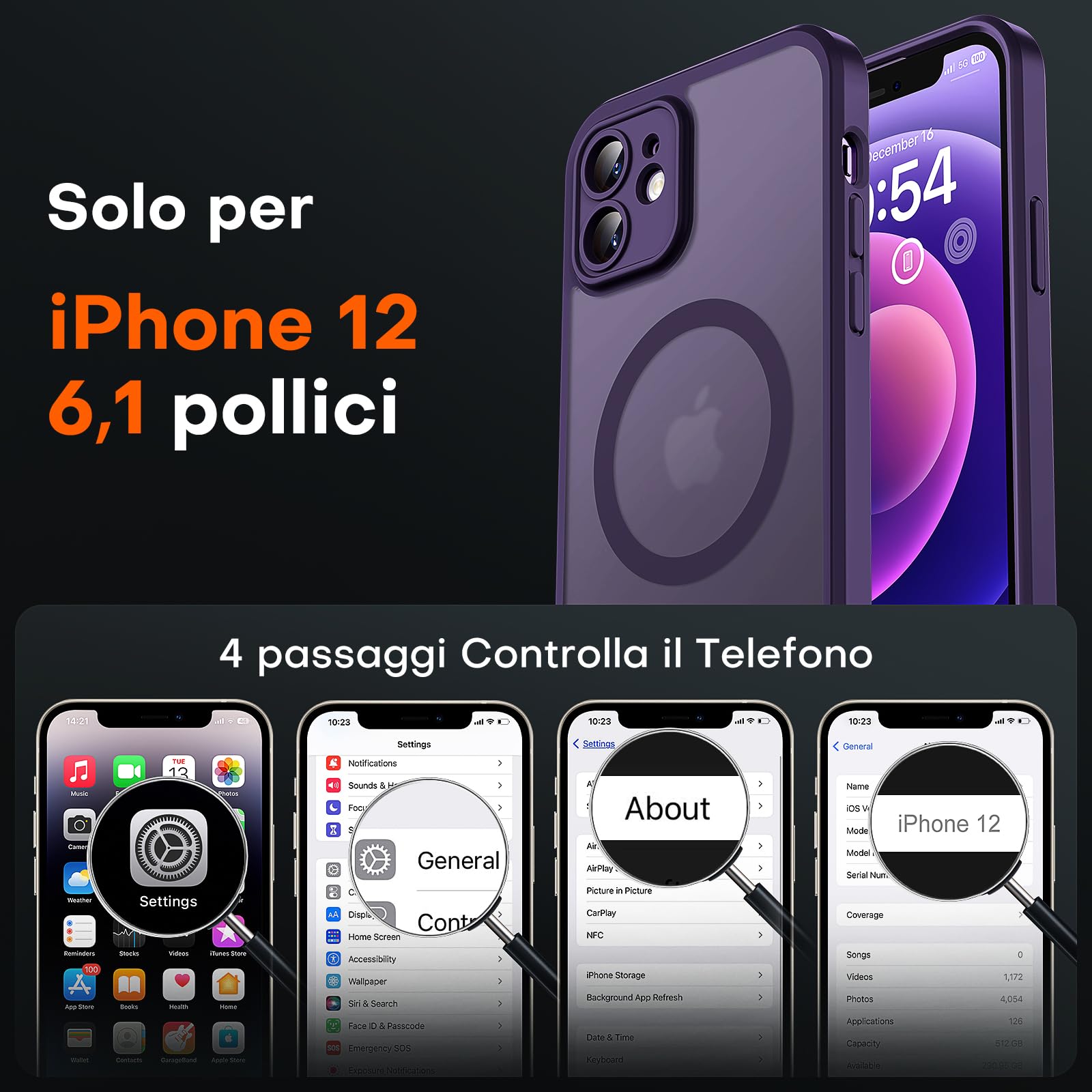 TOCOL Cover Magnetica per iPhone 12 6,1 Pollic, Compatibile con MagSafe, Protezione Fotocamera Integrata, Custodia Antiurto Traslucida Opaca, Viola Intenso