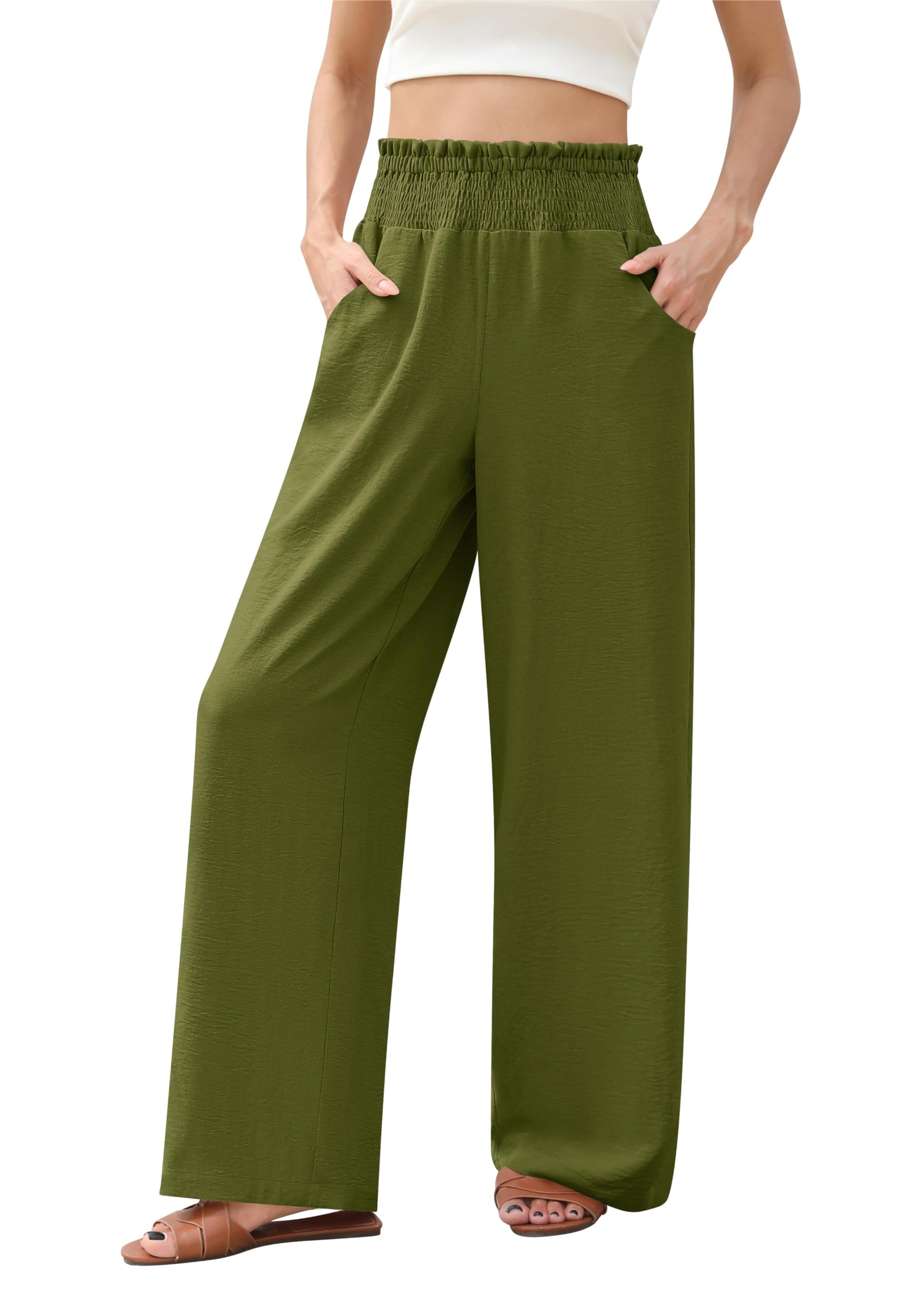 Womens Wide Leg Lounge Pants Smocked Elastic Waisted Loose Flowy Palazzo Beach Vacation Summer Casual Wear 2025
