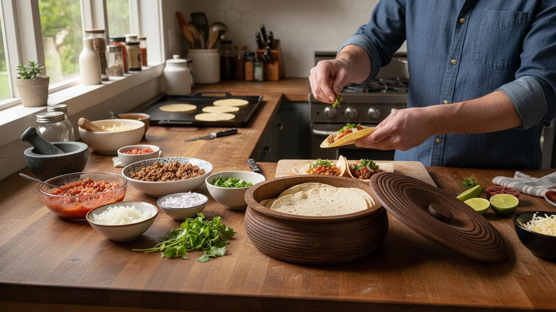 Handgefertigter mexikanischer Tortilla-Stövchenkorb aus Holz indischer Chapati-Roti-Brothalter Box Pfannkuchen-Keeper-Serviergeschir Hot Pot Auflaufform Deckel Home Küche Essdekor, Antik Braun 23 x 9
