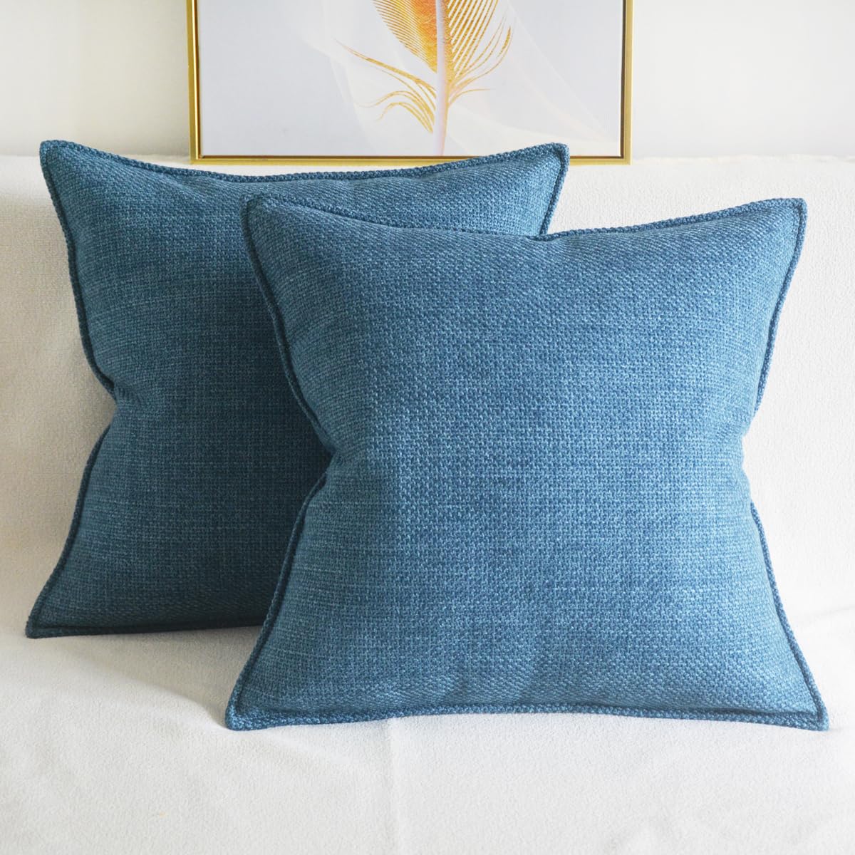 Lutanky Blue Linen Cushion Covers 45x45cm Elegant Square Throw Pillow Covers (Pack of 2) for Sofa Bedroom Home Decoration with Invisible Zipper 18x18 Inch - Image 2