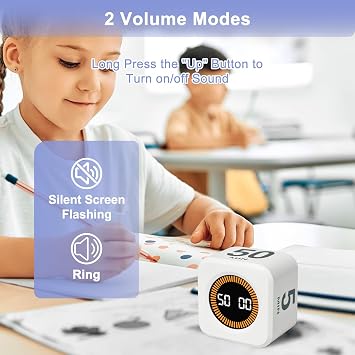Cube Timer, Visual Rotating Pomodoro Timer with Gravure Receptor, 5-10-25-50 Minutes, Storeable Customized Countdown Mute & Ring Alert Count Up/Down for Study Kitchen Office Desk White