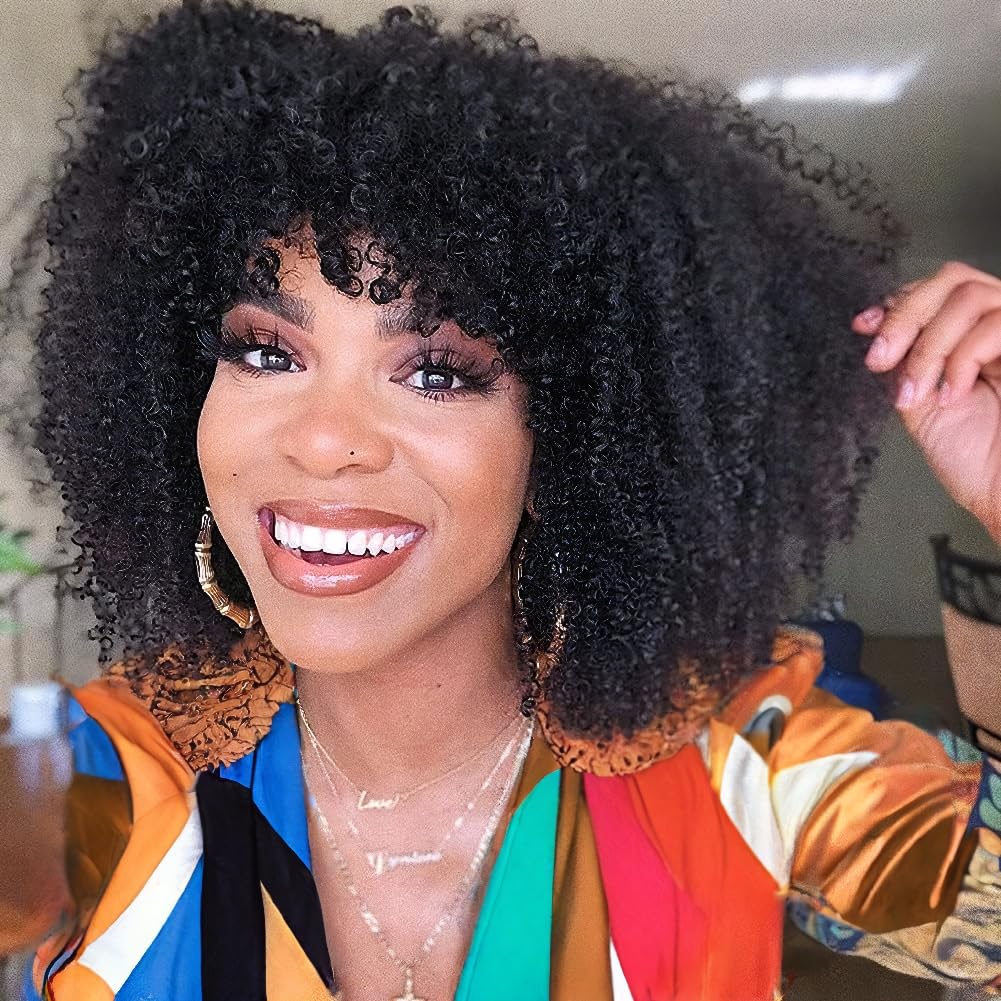 180% Density 16 Inch Human Hair Wigs Afro Kinky Curly Human Hair Wig With Bang For Women None Lace Wig Small Curly Afro Wigs For Black Women 1b color
